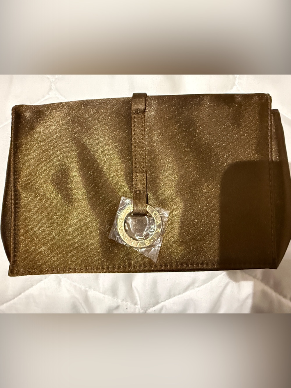Bulgari Satin Foldover Clutch in Shimmering Brown with Gold Accent